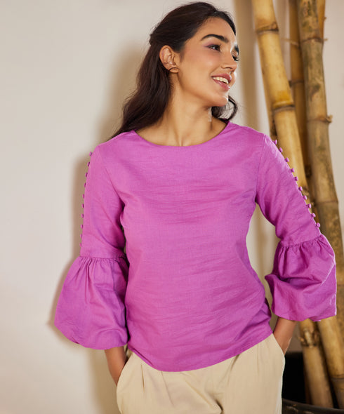 Buttoned Puffed Sleeve Linen Top
